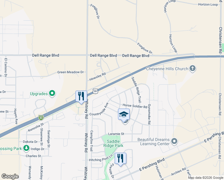 map of restaurants, bars, coffee shops, grocery stores, and more near 6722 Painted Rock Trail in Cheyenne