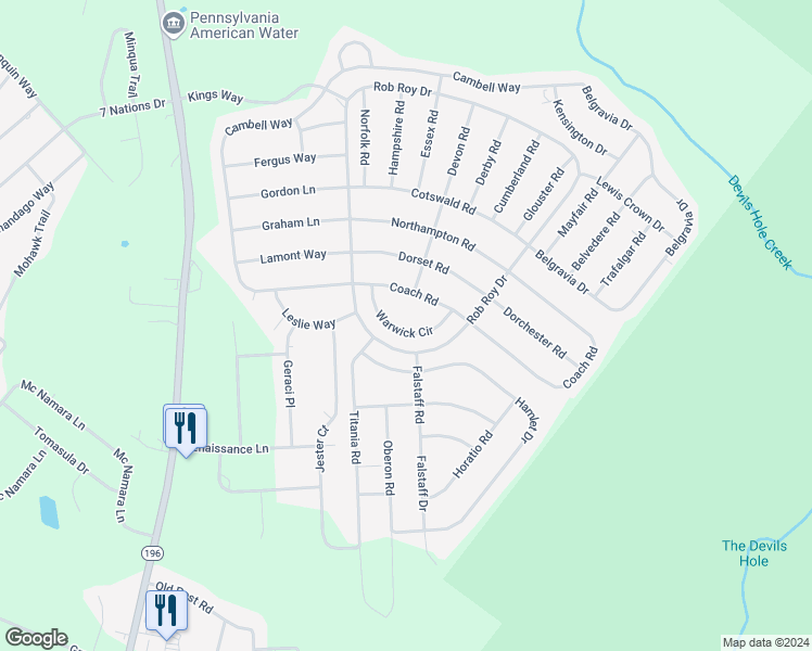 map of restaurants, bars, coffee shops, grocery stores, and more near 2506 Warwick Circle in Tobyhanna