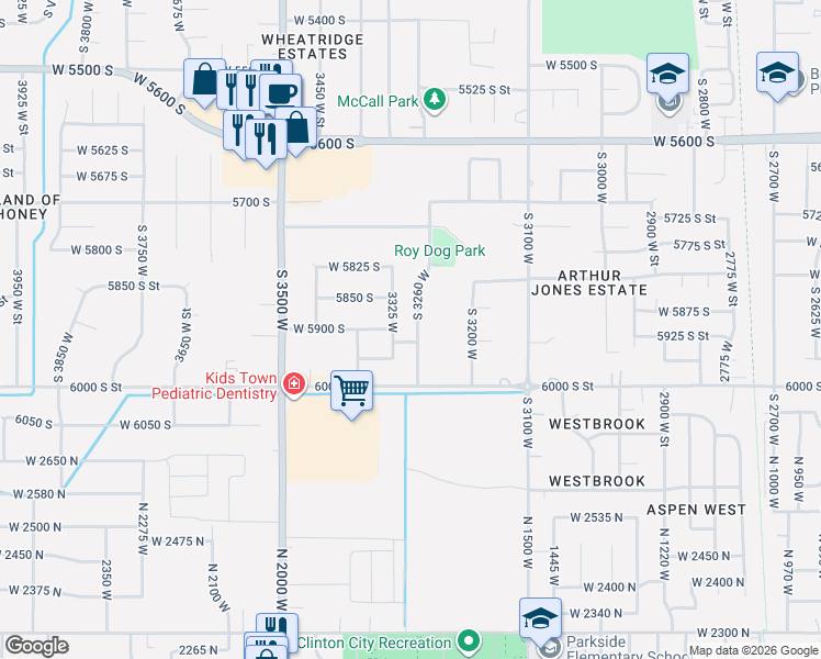 map of restaurants, bars, coffee shops, grocery stores, and more near 5910 South 3260 West in Roy