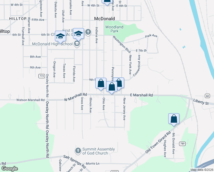 map of restaurants, bars, coffee shops, grocery stores, and more near 949 Ohio Avenue in McDonald