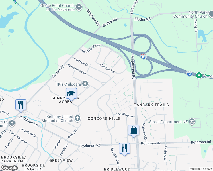 map of restaurants, bars, coffee shops, grocery stores, and more near 6019 Belle Isle Lane in Fort Wayne