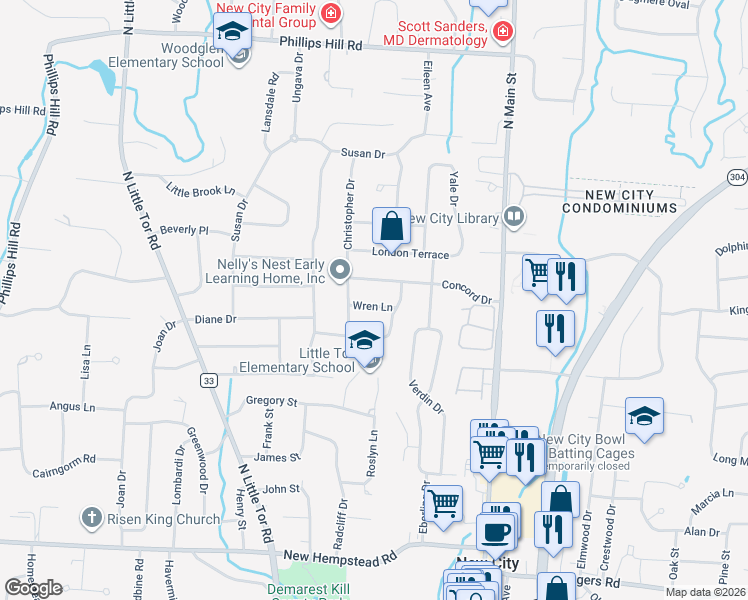 map of restaurants, bars, coffee shops, grocery stores, and more near 6 Wren Lane in New City