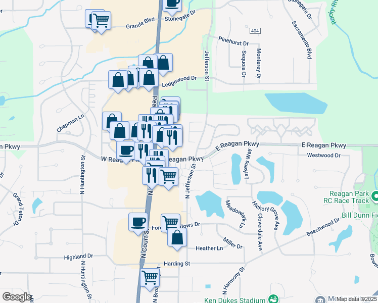 map of restaurants, bars, coffee shops, grocery stores, and more near 285 East Reagan Parkway in Medina