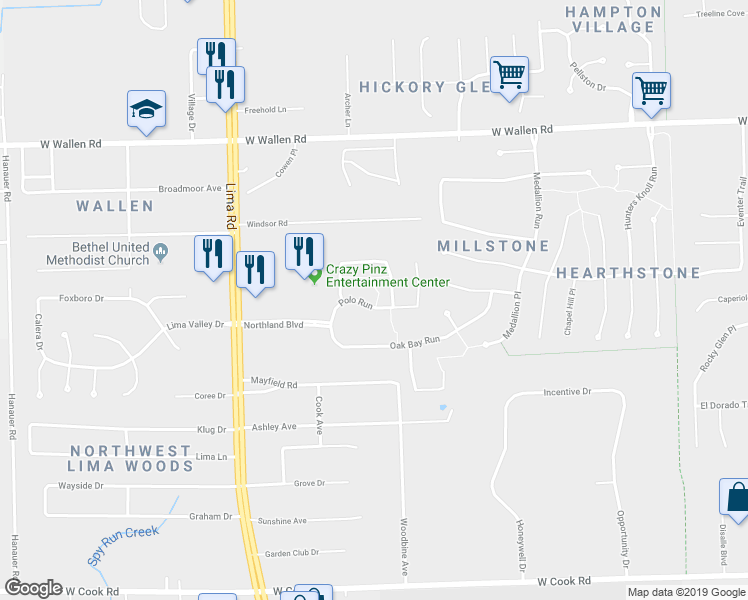map of restaurants, bars, coffee shops, grocery stores, and more near 1214 Polo Run in Fort Wayne
