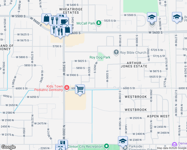 map of restaurants, bars, coffee shops, grocery stores, and more near 5910 South 3260 West in Roy