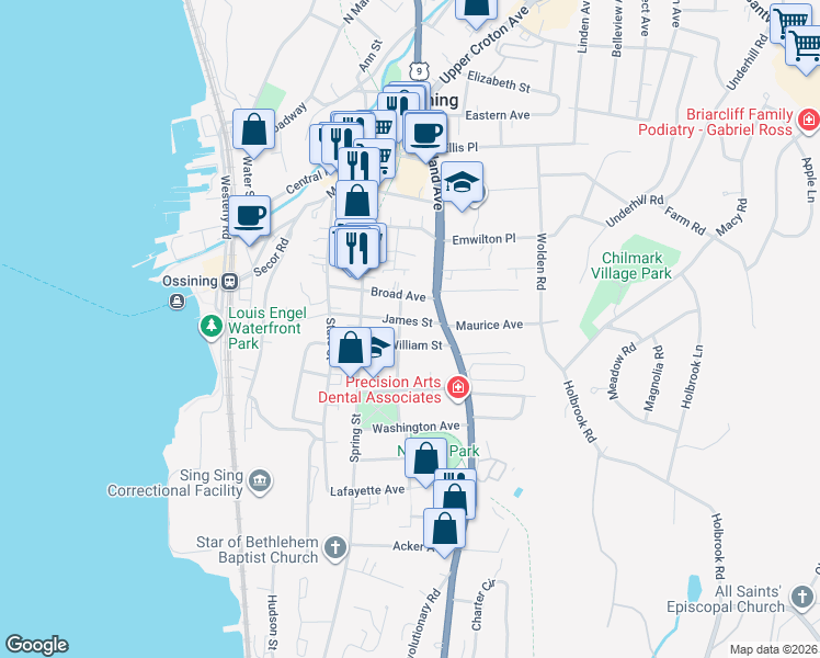 map of restaurants, bars, coffee shops, grocery stores, and more near 46 William Street in Ossining