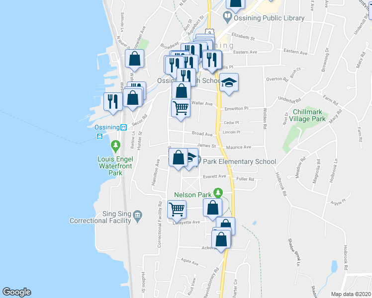 map of restaurants, bars, coffee shops, grocery stores, and more near 172 Spring Street in Ossining