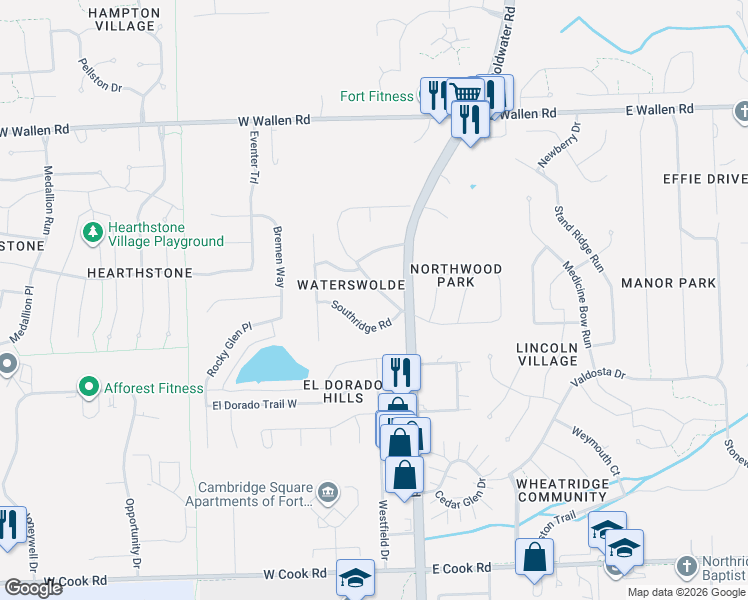 map of restaurants, bars, coffee shops, grocery stores, and more near 207 Southridge Road in Fort Wayne
