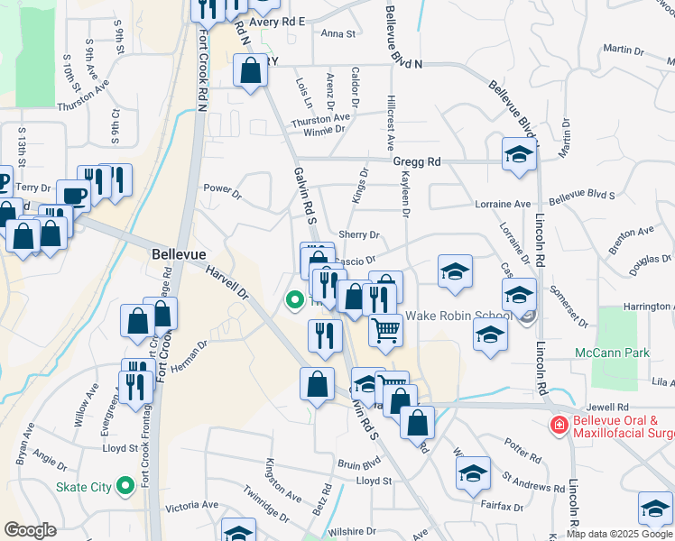 map of restaurants, bars, coffee shops, grocery stores, and more near 506 Kings Drive in Bellevue
