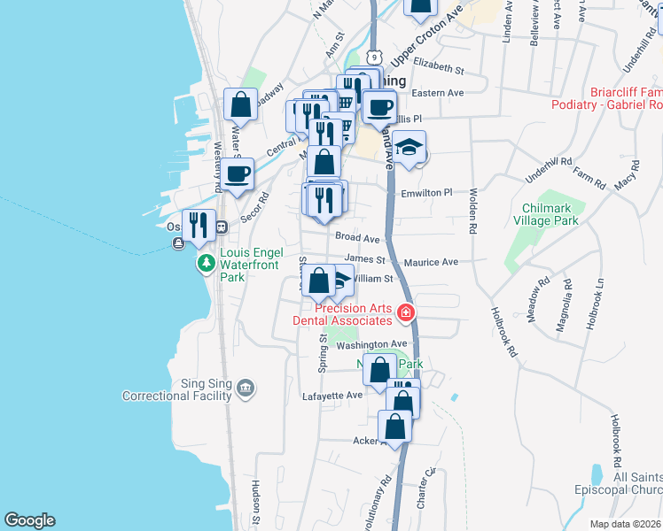 map of restaurants, bars, coffee shops, grocery stores, and more near 172 Spring Street in Ossining