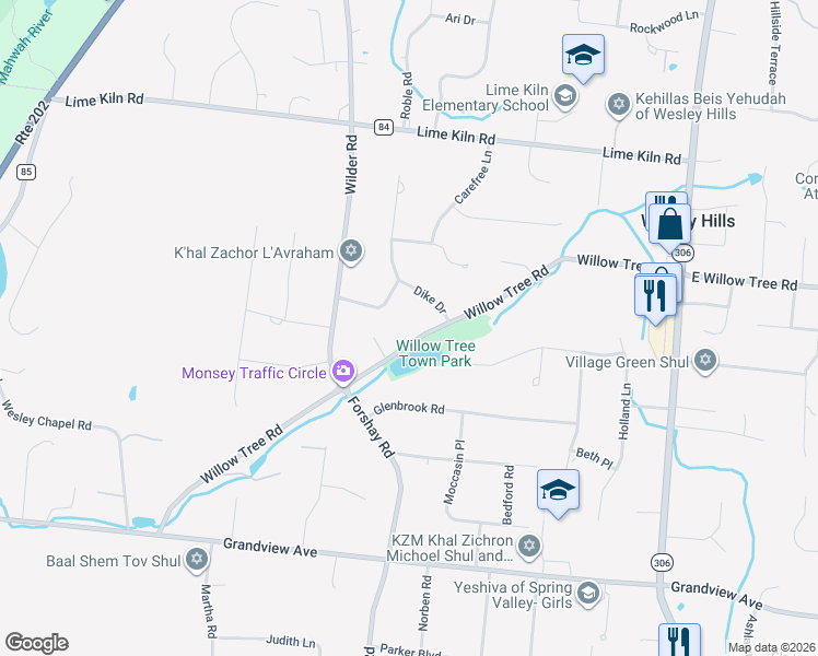 map of restaurants, bars, coffee shops, grocery stores, and more near 124 Willow Tree Road in Monsey