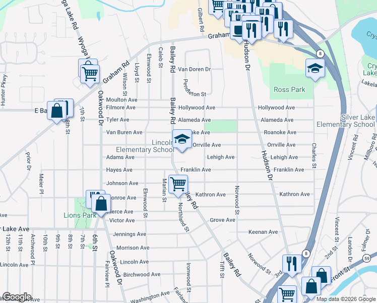 map of restaurants, bars, coffee shops, grocery stores, and more near 3131 Bailey Road in Cuyahoga Falls