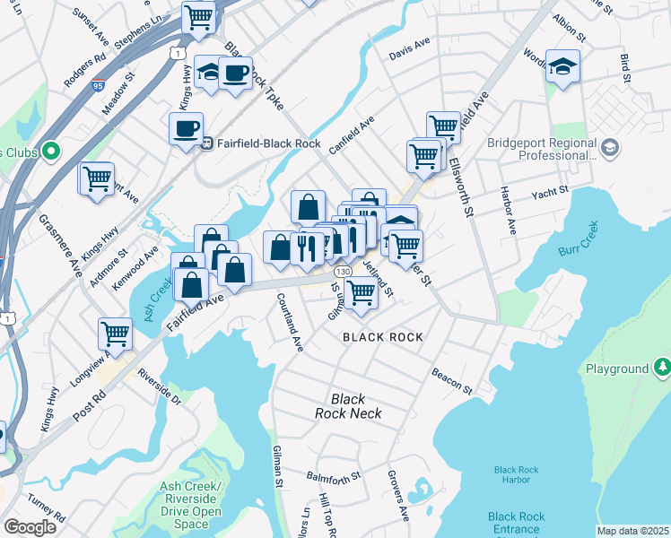 map of restaurants, bars, coffee shops, grocery stores, and more near 2992 Fairfield Avenue in Bridgeport