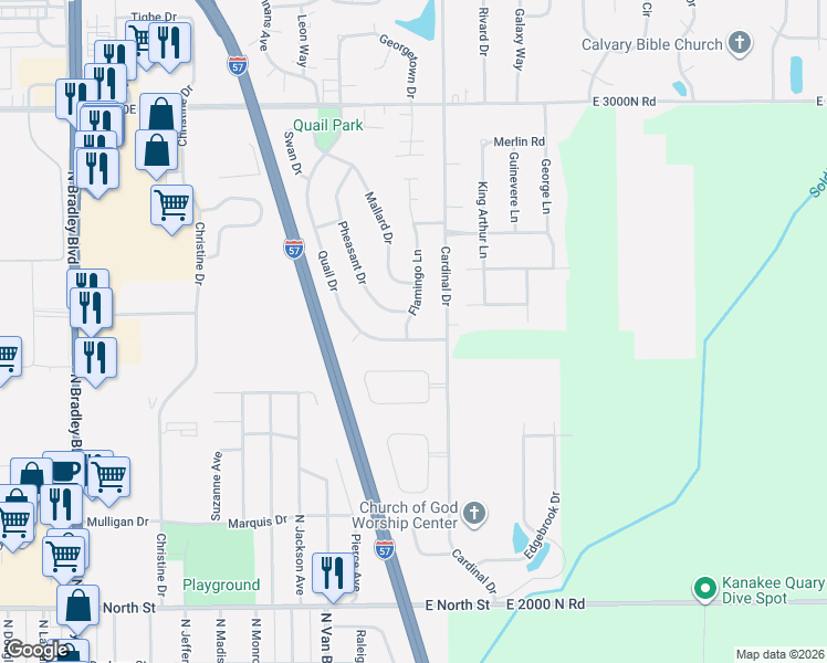 map of restaurants, bars, coffee shops, grocery stores, and more near 847 Quail Drive in Bradley