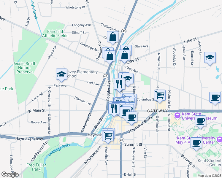 map of restaurants, bars, coffee shops, grocery stores, and more near 315 Gougler Avenue in Kent