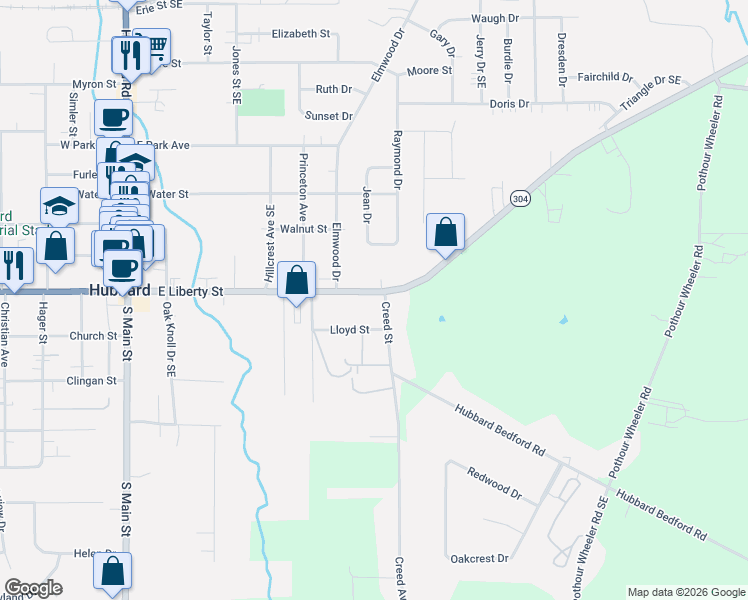 map of restaurants, bars, coffee shops, grocery stores, and more near 620 Lloyd Street in Hubbard