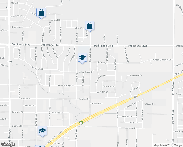 map of restaurants, bars, coffee shops, grocery stores, and more near 4149 Van Buren Avenue in Cheyenne