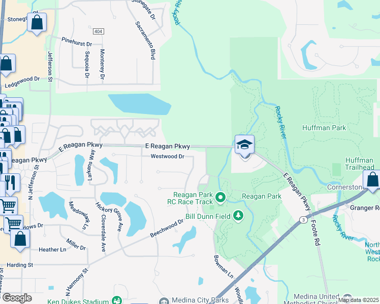 map of restaurants, bars, coffee shops, grocery stores, and more near 1028 Beechwood Drive in Medina