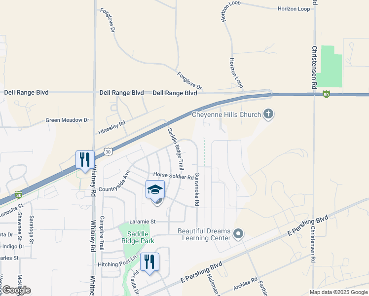 map of restaurants, bars, coffee shops, grocery stores, and more near 6967 Wild Bill Court in Cheyenne