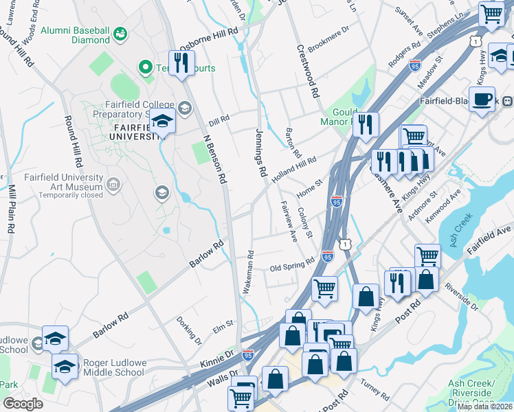 map of restaurants, bars, coffee shops, grocery stores, and more near 49 Smedley Road in Fairfield