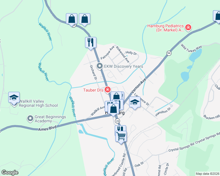 map of restaurants, bars, coffee shops, grocery stores, and more near 26 New Jersey 23 in Hamburg