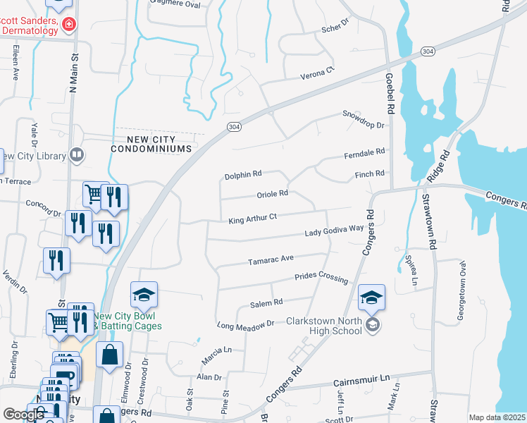 map of restaurants, bars, coffee shops, grocery stores, and more near 22 King Arthur Court in New City