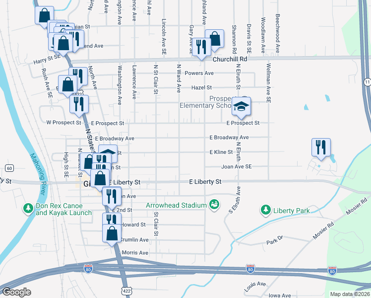 map of restaurants, bars, coffee shops, grocery stores, and more near 401 East Kline Street in Girard