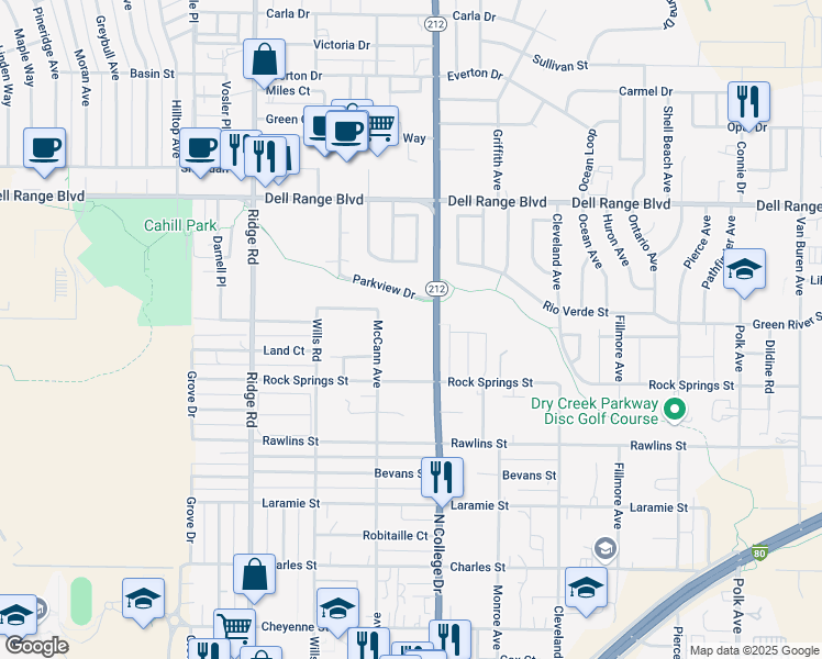 map of restaurants, bars, coffee shops, grocery stores, and more near 4016-4206 N College Dr in Cheyenne