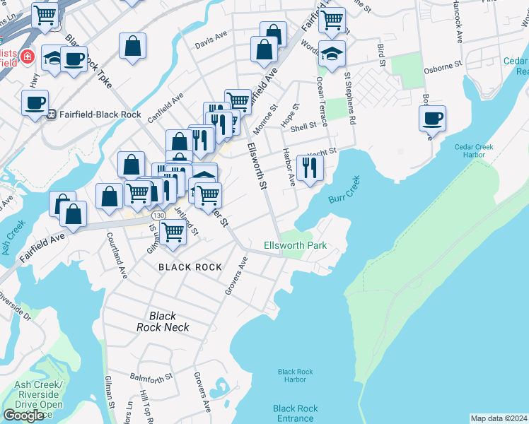 map of restaurants, bars, coffee shops, grocery stores, and more near 57 Bartram Avenue in Bridgeport