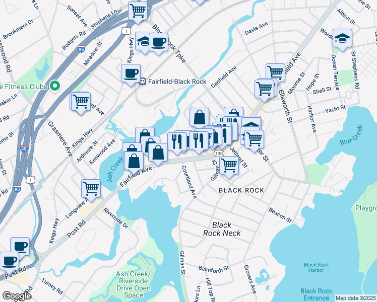 map of restaurants, bars, coffee shops, grocery stores, and more near 3171 Fairfield Avenue in Bridgeport