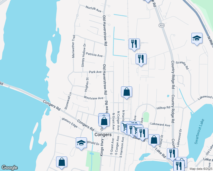 map of restaurants, bars, coffee shops, grocery stores, and more near 73 Old Haverstraw Road in Congers