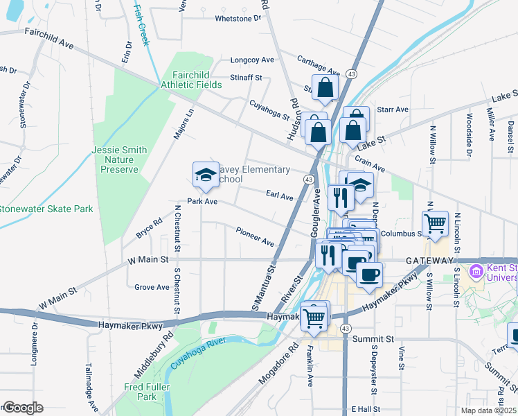 map of restaurants, bars, coffee shops, grocery stores, and more near 428 Park Avenue in Kent