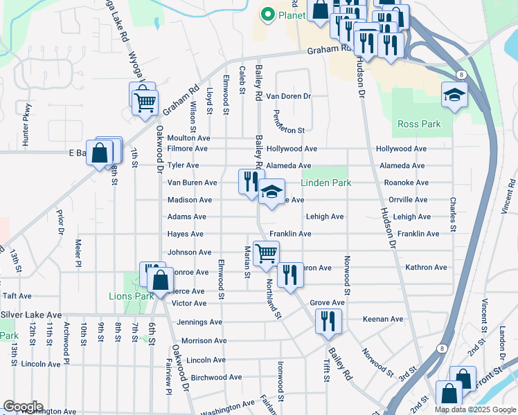 map of restaurants, bars, coffee shops, grocery stores, and more near 3117 Bailey Road in Cuyahoga Falls