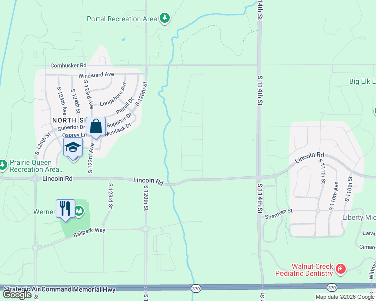 map of restaurants, bars, coffee shops, grocery stores, and more near Lincoln Road in Papillion
