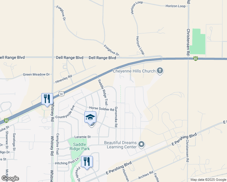 map of restaurants, bars, coffee shops, grocery stores, and more near 6967 Wild Bill Court in Cheyenne