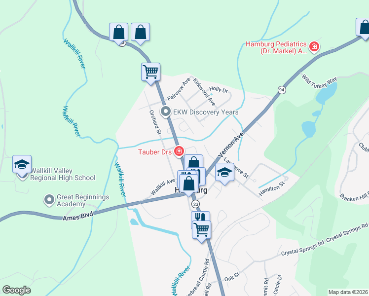 map of restaurants, bars, coffee shops, grocery stores, and more near 26 New Jersey 23 in Hamburg