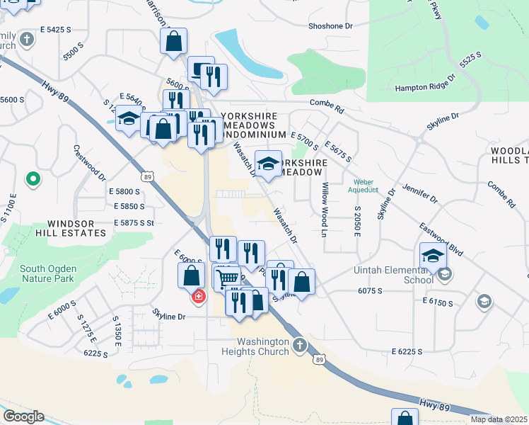 map of restaurants, bars, coffee shops, grocery stores, and more near 5865 Wasatch Drive in Ogden