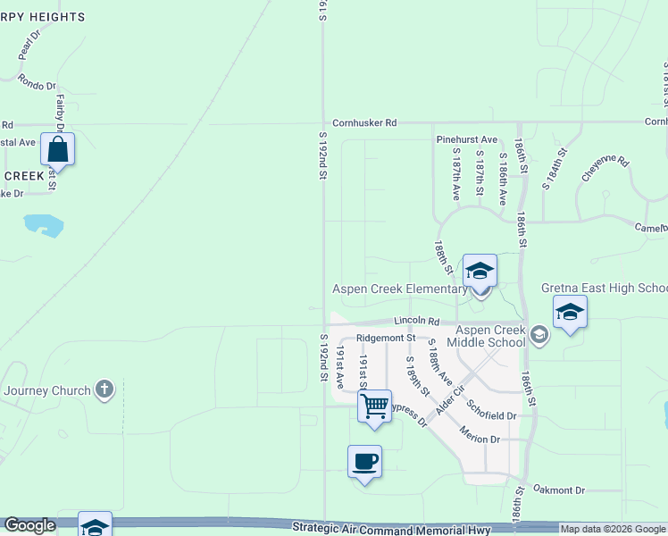 map of restaurants, bars, coffee shops, grocery stores, and more near 10515 South 192nd Street in Gretna