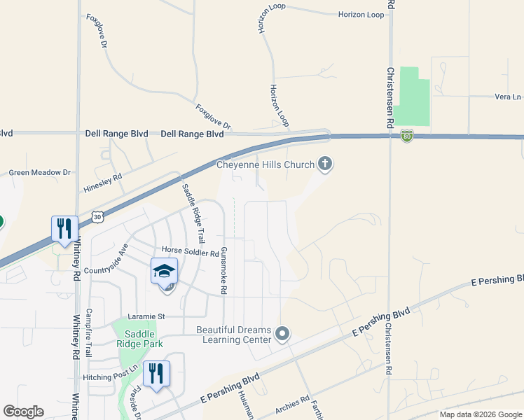 map of restaurants, bars, coffee shops, grocery stores, and more near 4021 Gunsmoke Road in Cheyenne