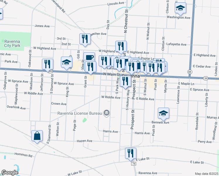 map of restaurants, bars, coffee shops, grocery stores, and more near 261 South Meridian Street in Ravenna