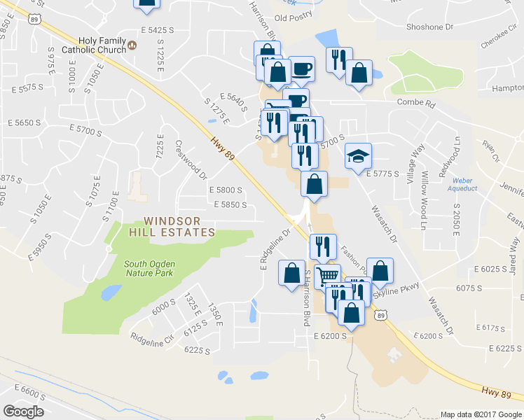 map of restaurants, bars, coffee shops, grocery stores, and more near 1425 East 5850 South in South Ogden