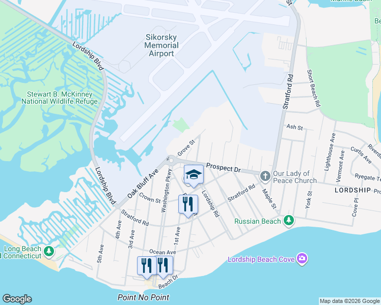 map of restaurants, bars, coffee shops, grocery stores, and more near 89 Grove Street in Stratford