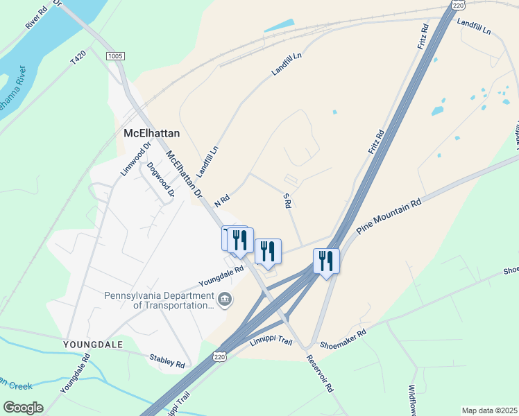 map of restaurants, bars, coffee shops, grocery stores, and more near in McElhattan