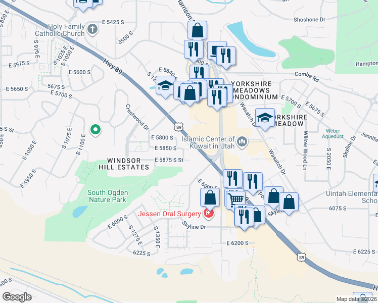 map of restaurants, bars, coffee shops, grocery stores, and more near 1425 East 5850 South in South Ogden