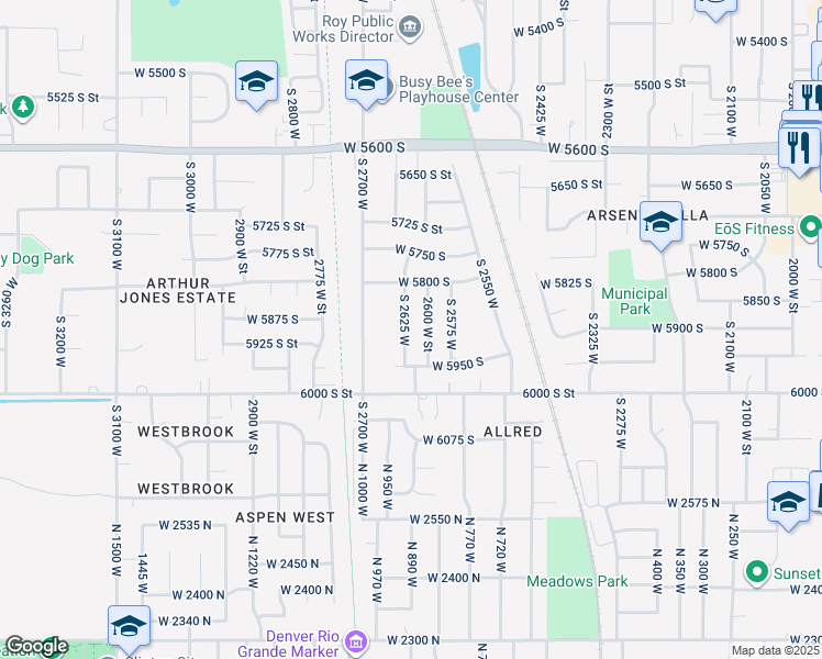 map of restaurants, bars, coffee shops, grocery stores, and more near 5890 South 2625 West in Roy