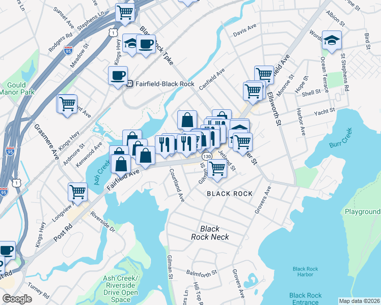 map of restaurants, bars, coffee shops, grocery stores, and more near 90 Fox Street in Bridgeport