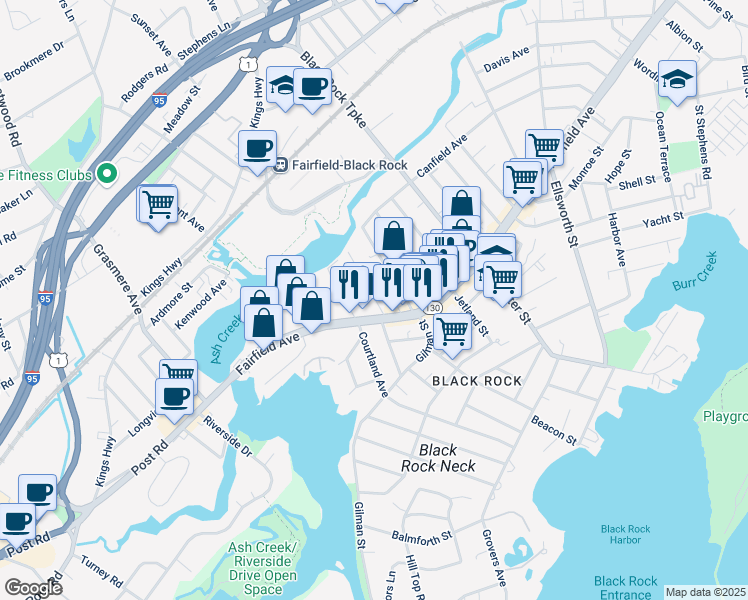 map of restaurants, bars, coffee shops, grocery stores, and more near 103 Morehouse Street in Bridgeport