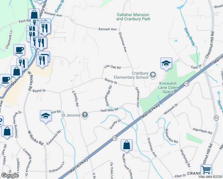 map of restaurants, bars, coffee shops, grocery stores, and more near 71 Bayne Street in Norwalk