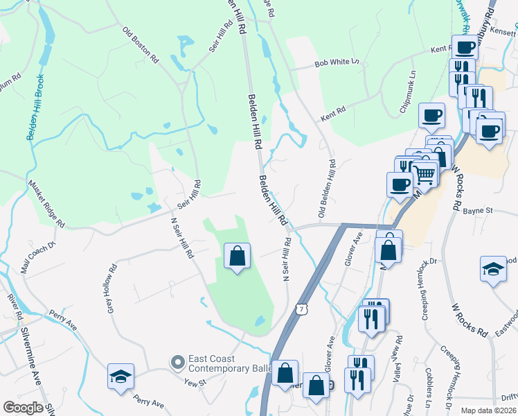 map of restaurants, bars, coffee shops, grocery stores, and more near 11 Hillcrest Place in Norwalk