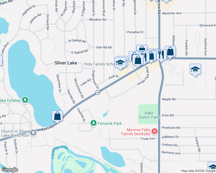 map of restaurants, bars, coffee shops, grocery stores, and more near 3102 Lakeview Boulevard in Stow